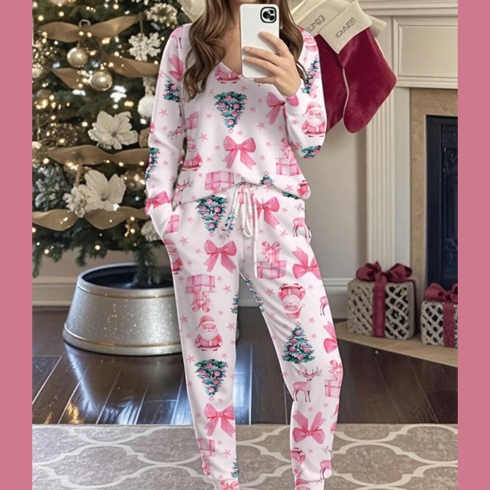 NEW Boutique‎ Pink Christmas Pajama Set Santa Tree Bow Cozy Festive Loungewear